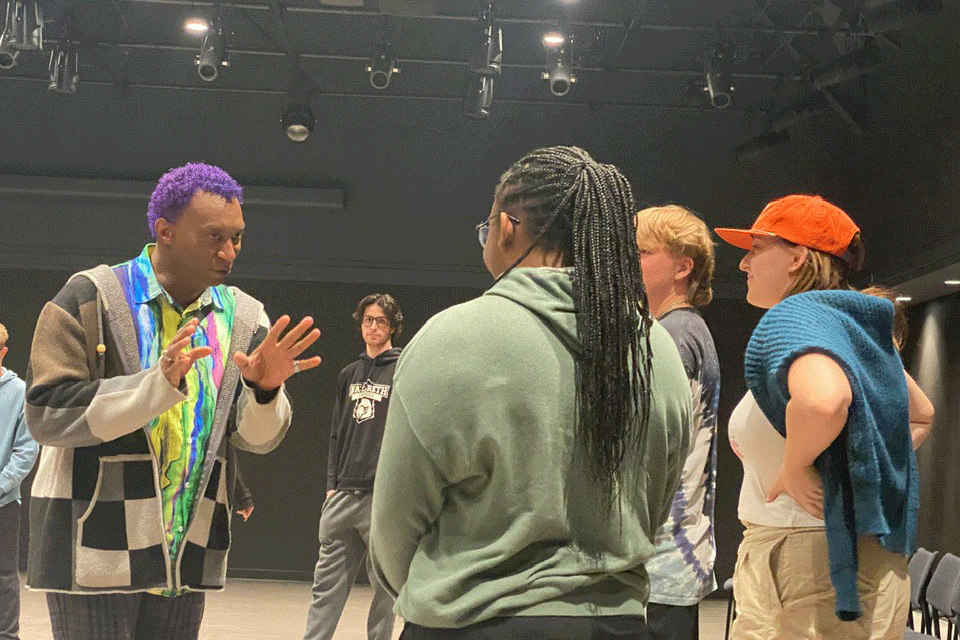 Artist Thomas Warfield teaches a movement class in Fisher's new black box theater.