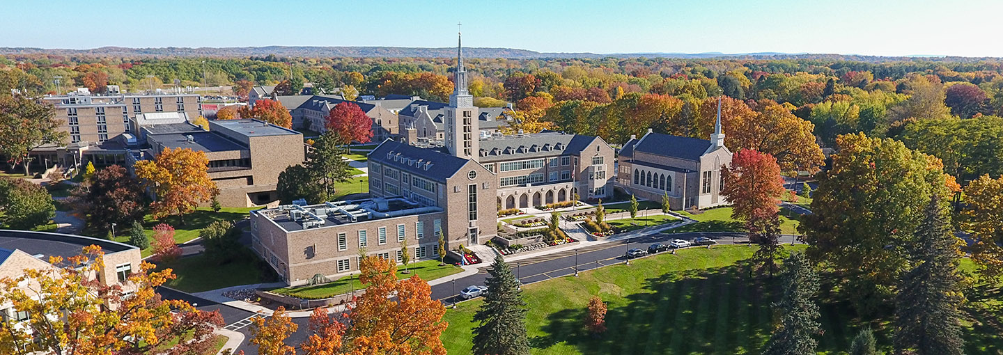 Aerial view of the St. John Fisher University campus in fall.