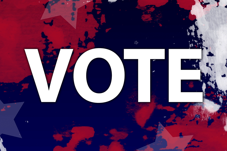 A graphic says vote with a red, white, and blue tie dye design behind.