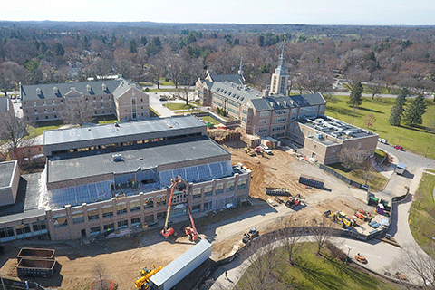 Aerial shot of Lavery Library exterior renovations.