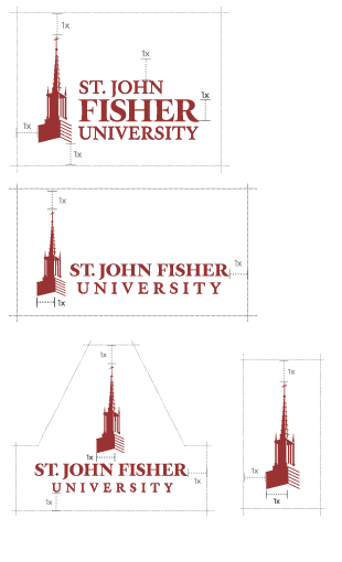 The height of the clear space for St. John Fisher University logos correlates with the height of the “Fisher” letters. Keep this space open and clear.
