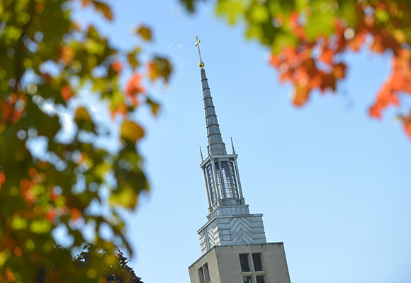 Kearney Hall steeple in fall.
